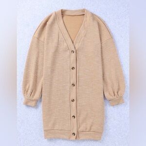 Drop Shoulder Button Down V-Neck Cardigan Khaki